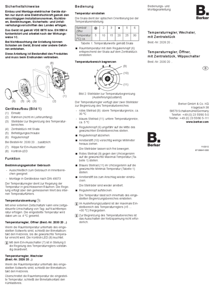 Bild Bedienungs- und Montageanleitung für 202620xx, 203020xx - Temperaturregler, mit Zentralstück, Wechsler/Öffner (DE, Stand: 11.2012) | Hager Deutschland