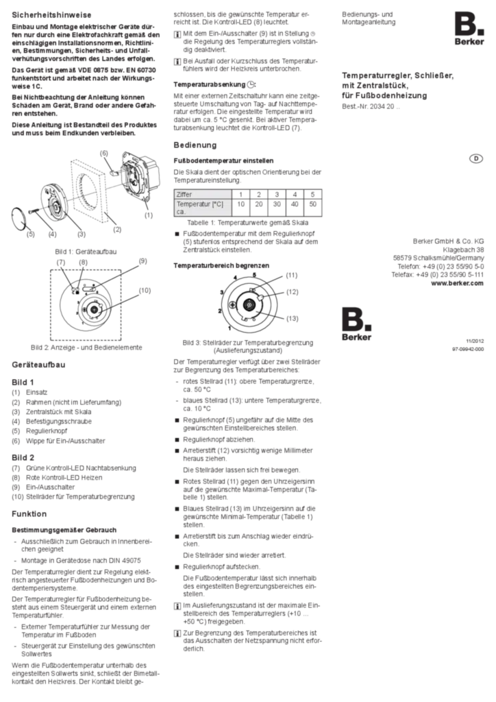 Bild Bedienungs- und Montageanleitung für 203420xx - Temperaturregler, Schließer, mit Zentralstück, für Fußbodenheizung (DE, Stand: 11.2012) | Hager Deutschland