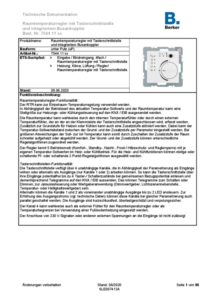 Bild Applikationsbeschreibung ETS für 754411xx - KNX Temperaturregler (DE, 2020-06) | Hager Deutschland