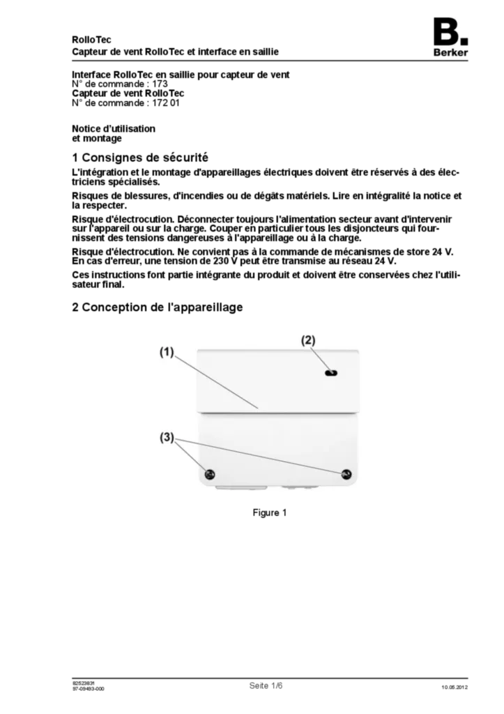 Image Notice d'instruction pour 17201-173 - Wind sensor and interface surface-mounted for wind sensor (FR, 2012-05) | Hager Belgique