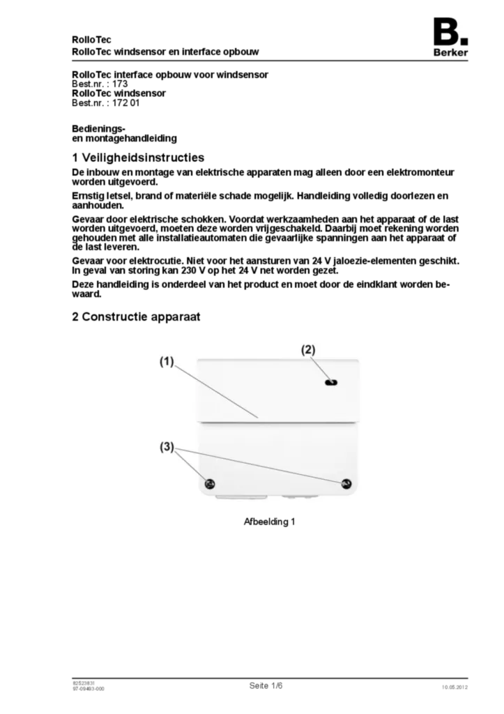 Image Notice d'instruction pour 17201-173 - Wind sensor and interface surface-mounted for wind sensor (NL, 2012-05) | Hager Belgique