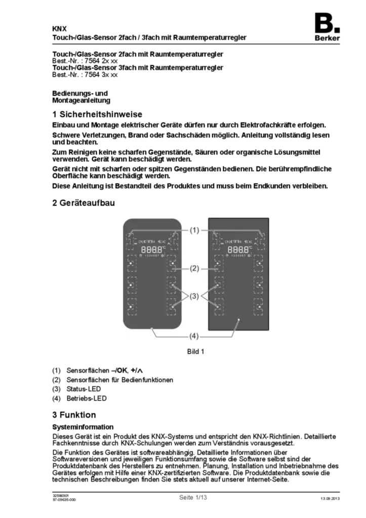 Bild Bedienungs- und Montageanleitung für 75642xx, 75643xx - Touch-/Glas-Sensor 2fach, 3fach mit Raumtemperaturregler (DE, Stand: 09.2013) | Hager Deutschland