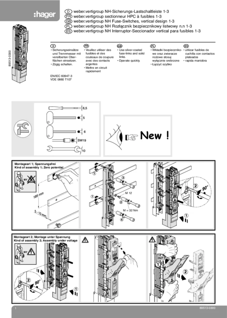 Bild Montageanleitung für LVDR1260CP, LVSG1AP, LVSR1VP, LVTR1000CKP - NH-SicherungslastschaltleistEN-TRennleisten (DE-NO-EN-FR-ES-PL-DA-NL, Stand: 03.2011) | Hager Schweiz