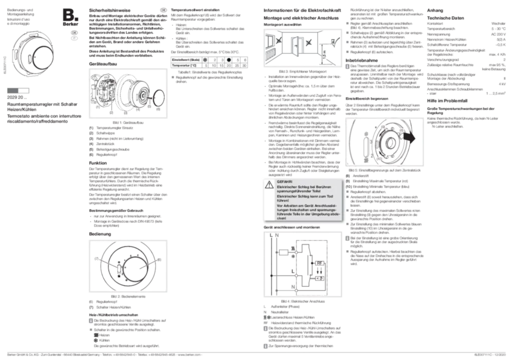 Bild Bedienungs- und Montageanleitung für Raumtemperaturregler mit Schalter Heizen/Kühlen (DE-IT, Stand: 12.2020) | Hager Deutschland