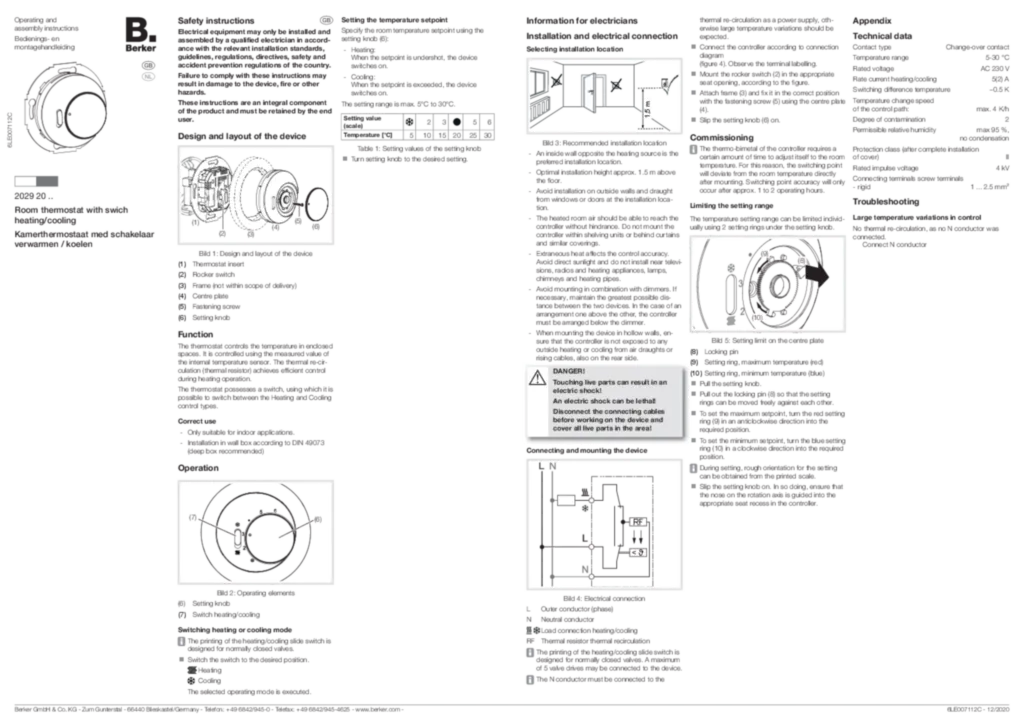Bild Bedienungs- und Montageanleitung für Raumtemperaturregler mit Schalter Heizen/Kühlen (EN, NL 2020-12) | Hager Deutschland