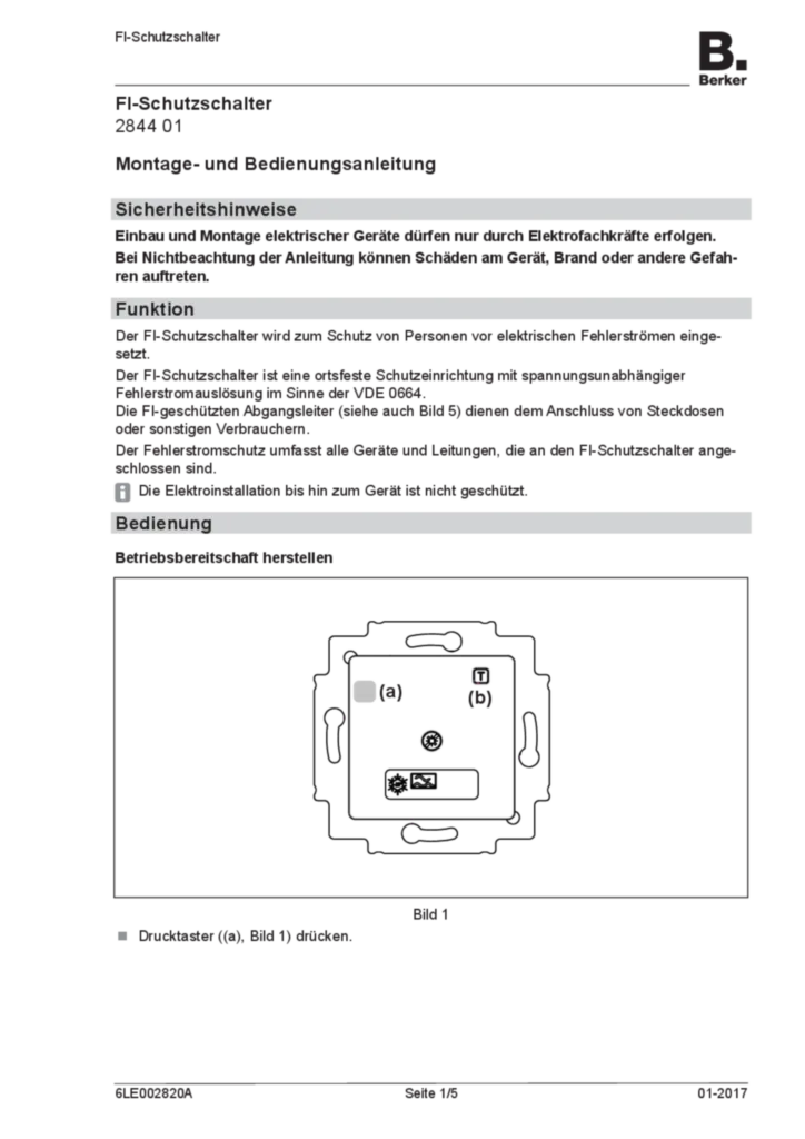 Bild Bedienungs- und Montageanleitung für 284401 - FI-Schutzschalter (DE, Stand: 01.2017) | Hager Deutschland