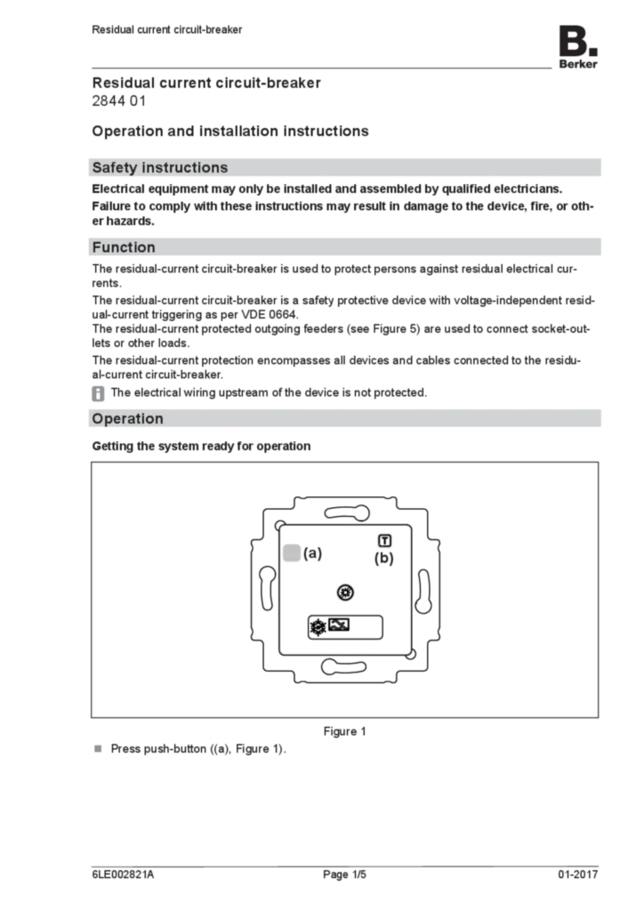 Bild Bedienungs- und Montageanleitung für 284401 - FI-Schutzschalter (EN 2017-01) | Hager Deutschland