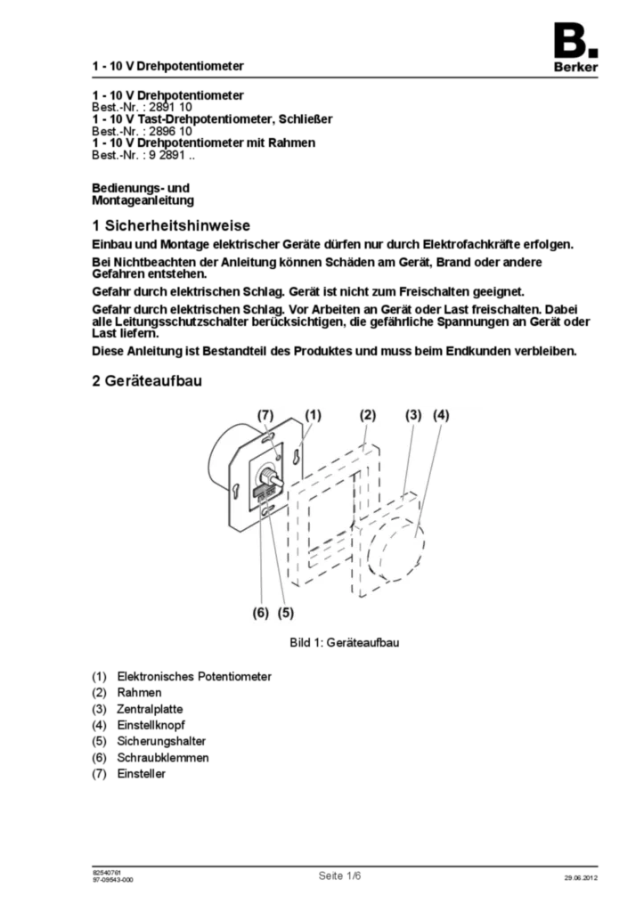 Bild Bedienungs- und Montageanleitung für 289110, 289610, 92891xx - 1 - 10 V Drehpotentiometer (DE, Stand: 06.2012) | Hager Deutschland