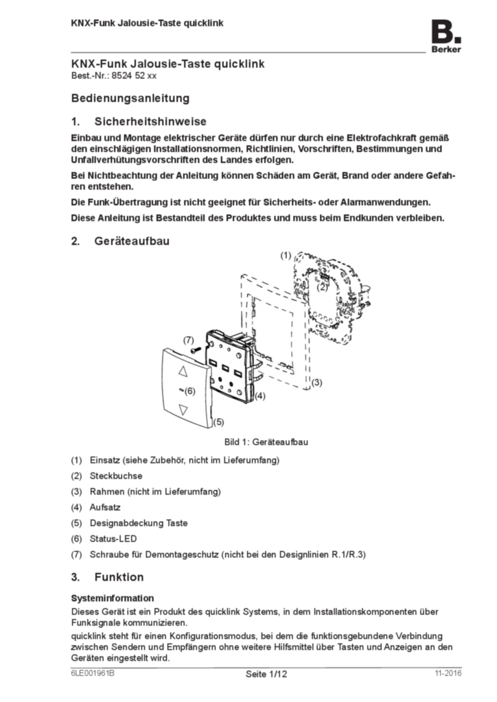 Bild Bedienungs- und Montageanleitung für 852452xx - KNX-Funk Jalousie-Taste quicklink (DE, Stand: 11.2016) | Hager Deutschland
