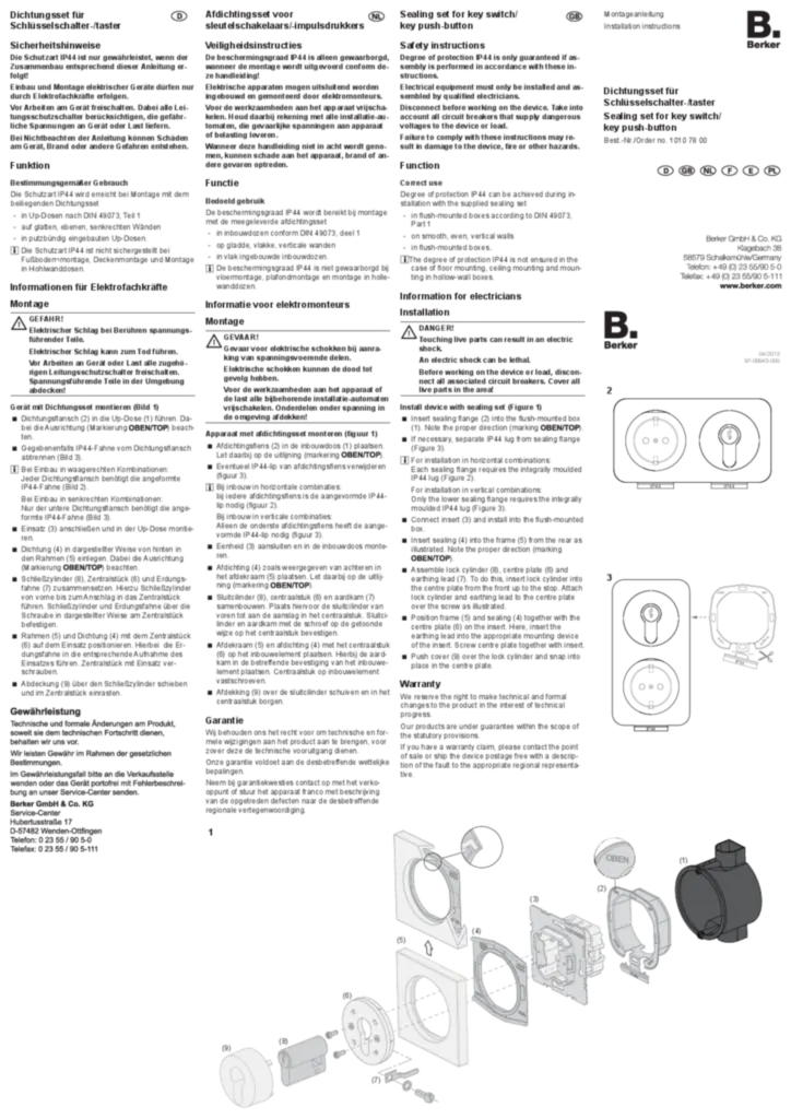 Bild Bedienungs- und Montageanleitung für 10107800 - Dichtungsset für Schlüsselschalter/-taster (DE-EN-NL-FR-ES-PL, Stand: 04.2013) | Hager Deutschland