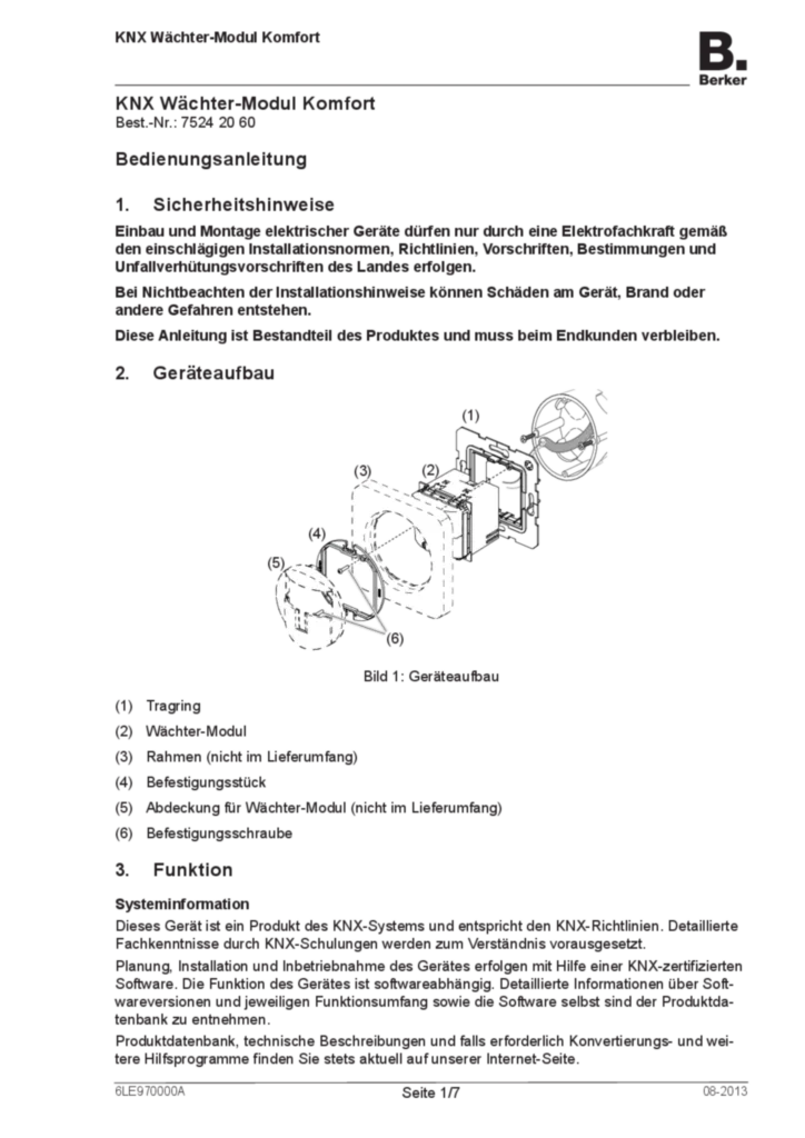 Bild Bedienungs- und Montageanleitung für 75242060 - KNX Bewegungsmelder-Modul Komfort 1,1 m (DE, Stand: 08.2013) | Hager Deutschland