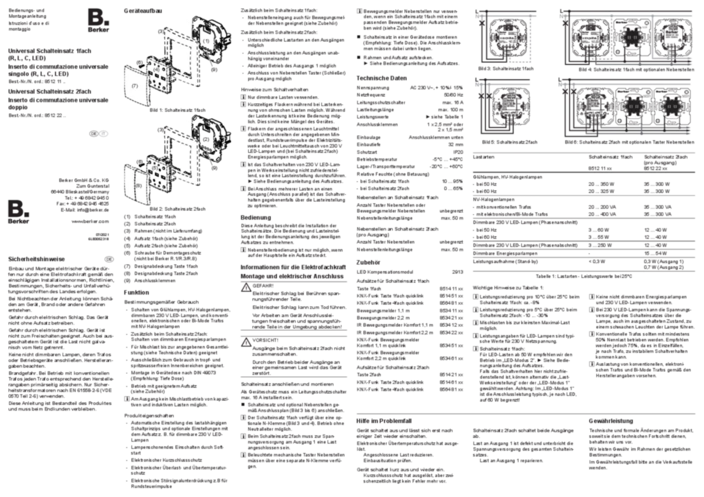 Bild Bedienungs- und Montageanleitung für 851211XX-851222XX - Universal Schalteinsatz 1-/2fach (DE-IT, 2021-07) | Hager Deutschland