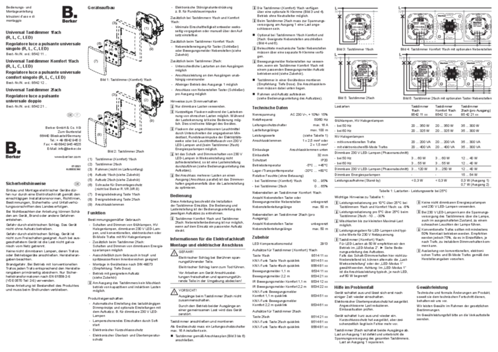 Bild Bedienungs- und Montageanleitung für 854211XX-854212XX-854221XX - Universal Tastdimmer 1-/2fach (DE-IT, 2021-07) | Hager Deutschland