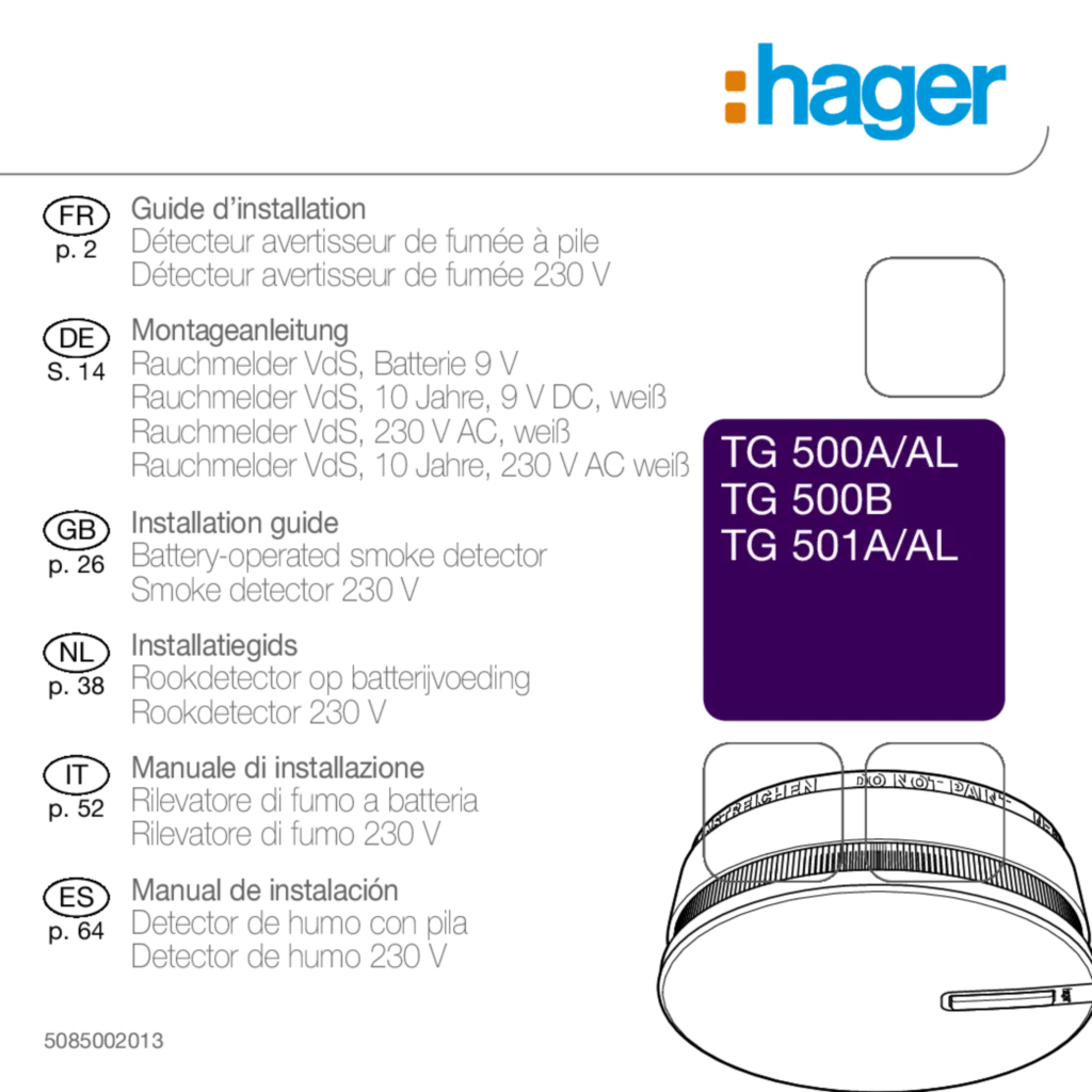 Bild Montageanleitung für TG500A - Rauchwarnmelder VdS, Drahtvernetzbar, 9V DC/230V AC (DE-EN-IT-FR-ES-NL, Stand: 01.2011) | Hager Deutschland