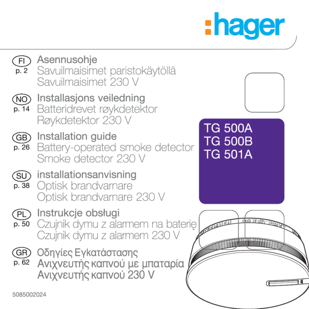 Bild Installationsanleitung für TG500A - Rauchwarnmelder VdS, Drahtvernetzbar, 9V DC/230 V AC (NO-FI-SV-EN-FR-PL-DA-TR, Stand: 01.2011) | Hager Deutschland