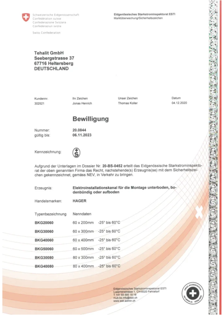 Bild S+ Bewilligung 20.0844 BKG-Bodenkanal  (DE, gültig bis 06.11.2023) | Hager Schweiz