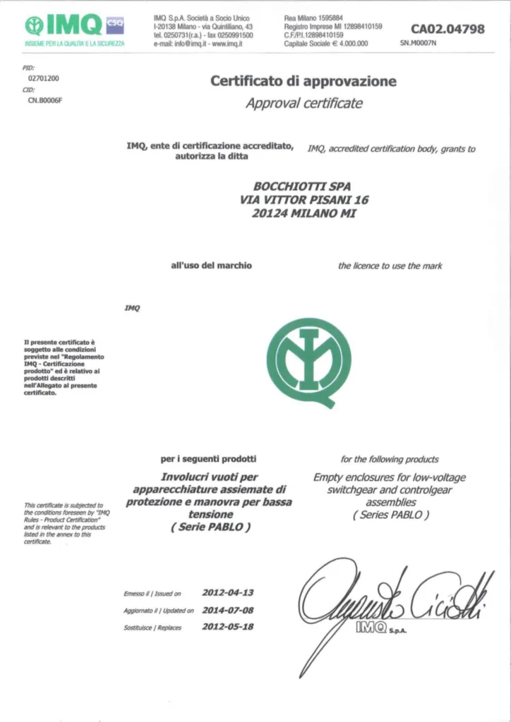 Immagine Certificazioni_IMQ_Pablo_IP65_IMQ_EN_62208_CA02.04798 | Hager Italia