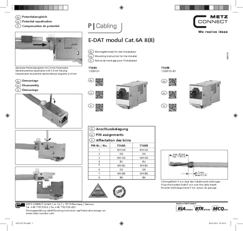 Bild Montageanleitung für VZ314RJ - RJ45 Modul (E-Dat), universal, C6, ISO A, 10GBit Ethernet (IEEE 802.3an), 180° (DE-EN-FR-RO, Stand: 01.2014) | Hager Deutschland