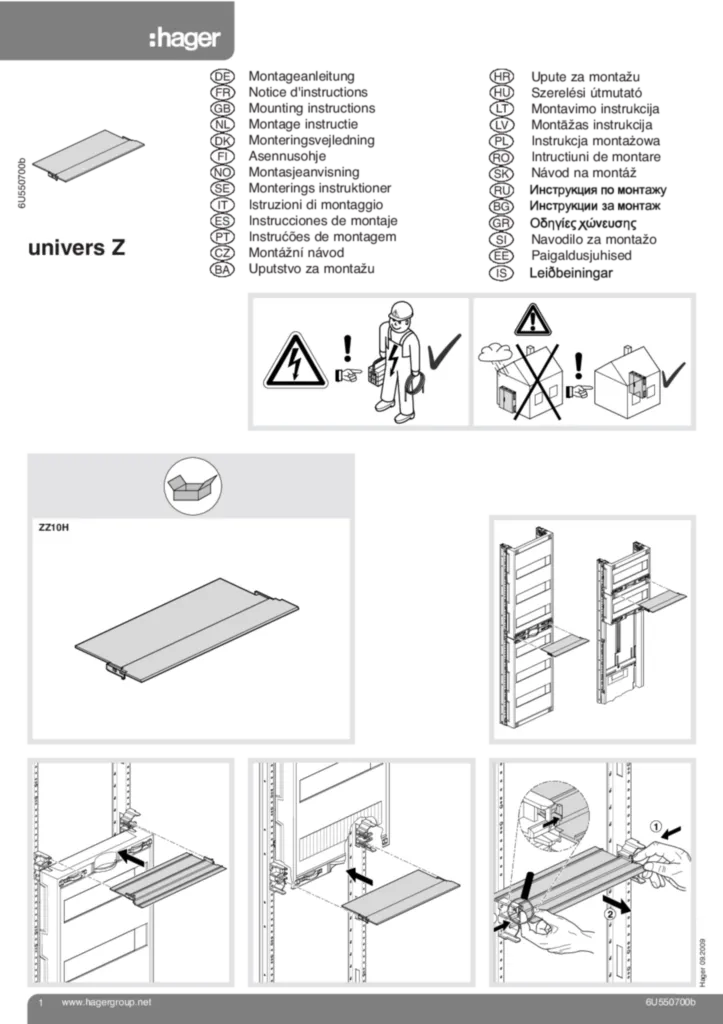 Bild Montageanleitung für ZZ10H - Abschottung, univers Z, waagerecht, für zwischen die Verteiler (Stand: 09.2009) | Hager Deutschland