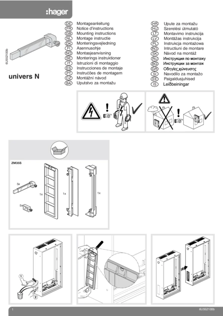 Bild Montageanleitung für ZM35S - Sammelschienenverbinder, universZ, Schrank/Schrank, 5-p, 12x10 mm, universZ - universN (Stand: 09.2009) | Hager Deutschland