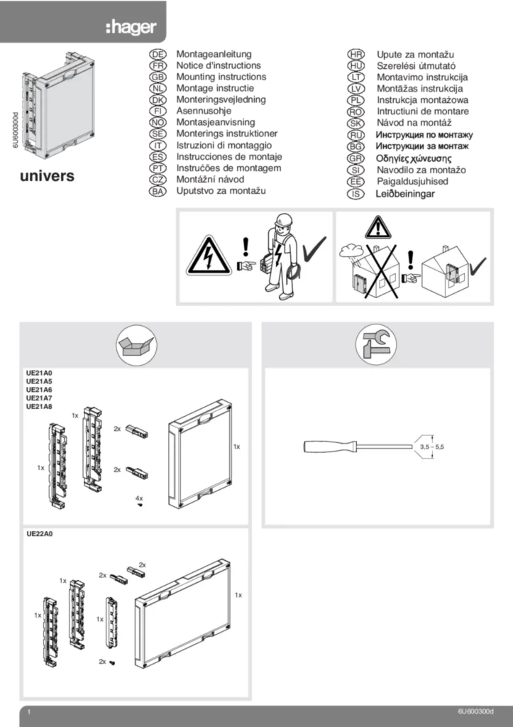 Bild Montageanleitung für UE21A0, UE22A0 - Baustein, universN (Stand: 09.2009) | Hager Deutschland