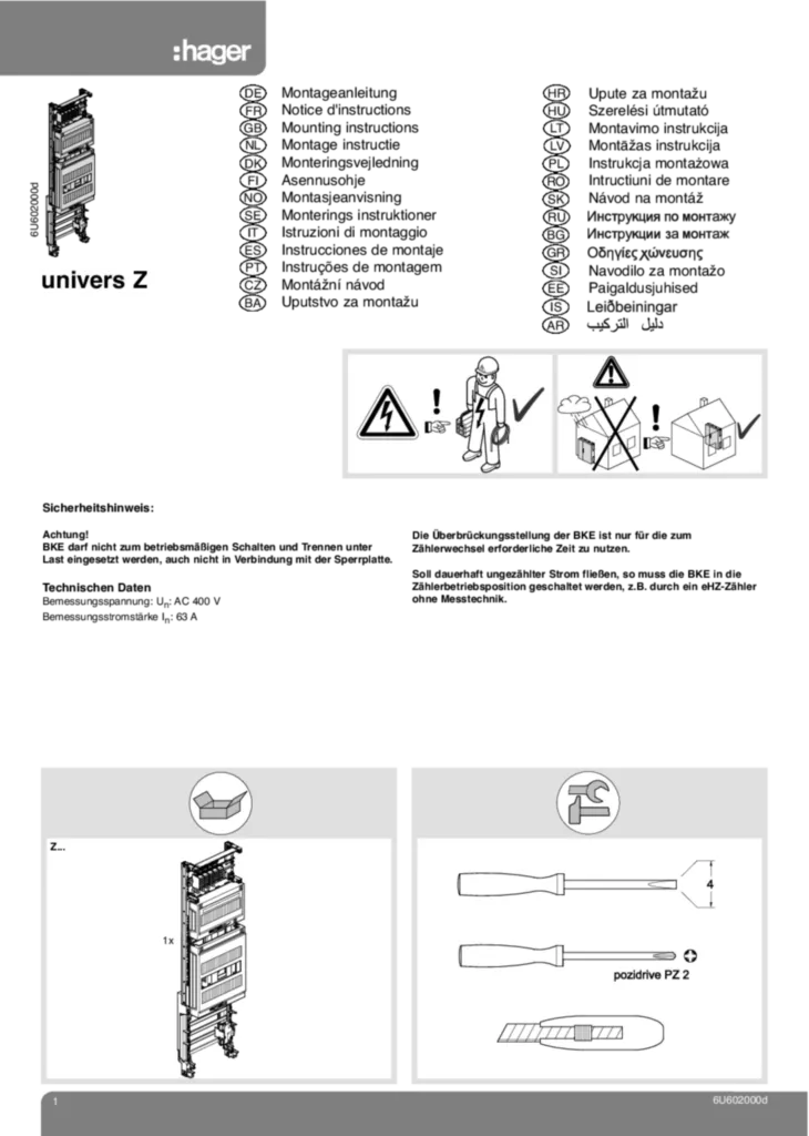 Bild Montageanleitung für ZBxx, ZExx, ZHxx, ZKxx, ZLxx, ZMxx, ZSxx, ZUxx, ZZxx - Schränke, Komplettfelder, Einbausätze, Verteilerfeld, Haubentürme (Stand: 07.2011) | Hager Deutschland