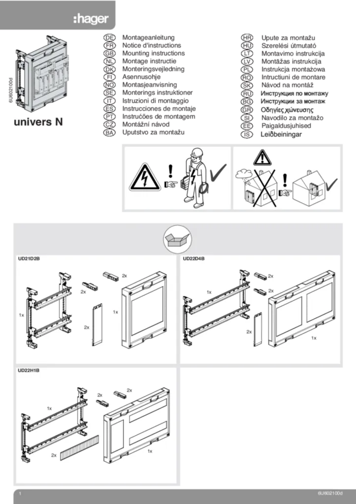 Bild Montageanleitung für UD21D2B, UD22D4B - Baustein, universN, 300x250 mm (Stand: 08.2011) | Hager Deutschland