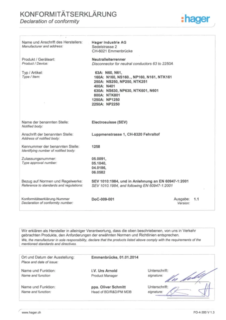 Bild Zertifikat für N16xx, N401, N60xx, N61xx, NP1xx, NP2xx, NP6xx, NS1xx, NS2xx, NS6xx, NTKxx - NH-Neutralleitertrenner (DE, Stand: 04.2016) | Hager Schweiz