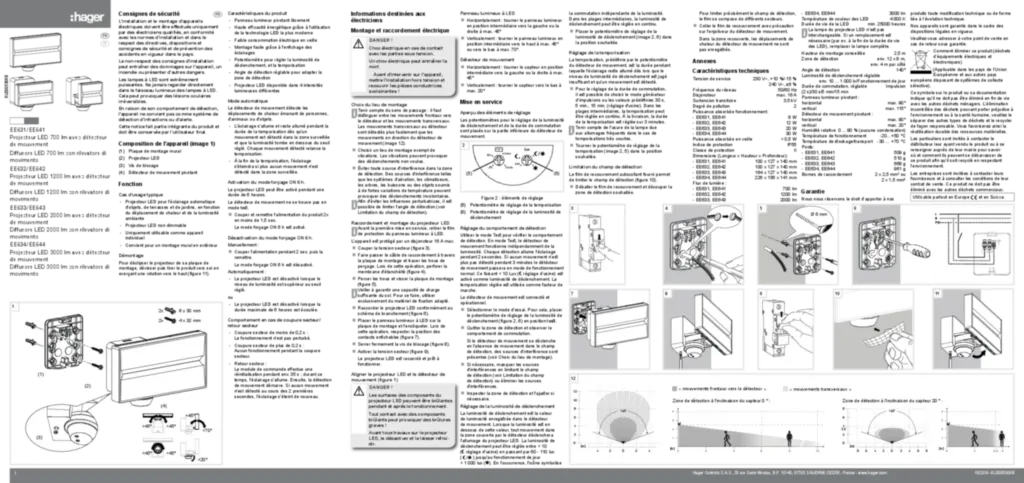 Image Notice projecteur led avec détecteur EE63XX-EE64XX | Hager France