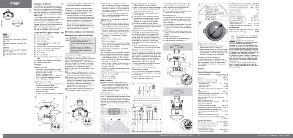 Image Notice d'instruction pour EER505-EER515 - Détecteur de mouvement Couloir 360° (DE-FR, 2022-03) | Hager France