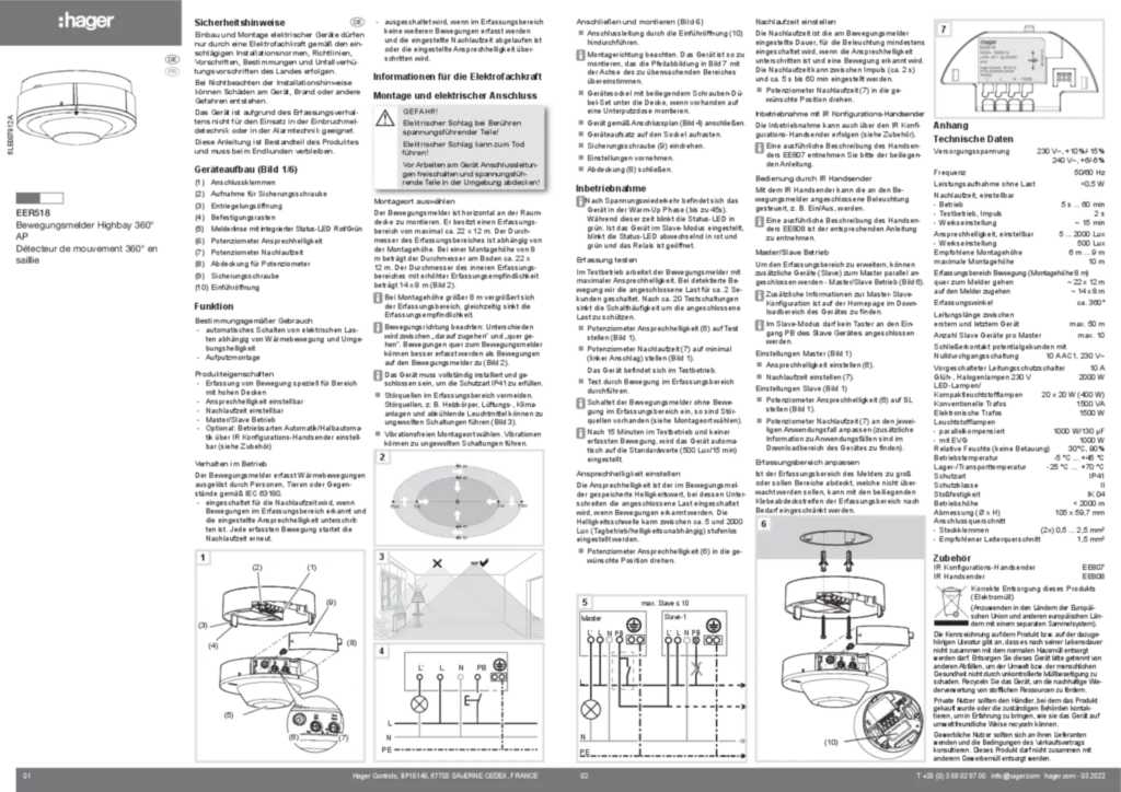 Image Notice d'instruction pour EER518 - Détecteur de mouvement 360° en saillie (DE-FR, 2022-03) | Hager France
