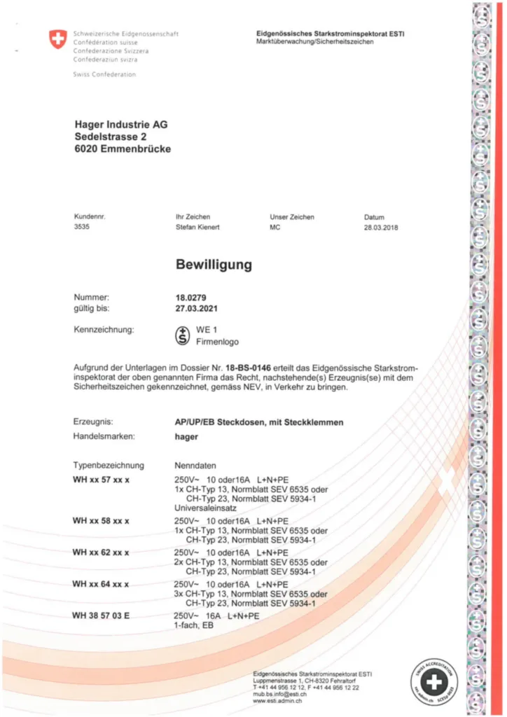 Bild Zertifikat S+ für Steckdosen CH mit Steckklemmen (DE, Nr. 18.0279, 2018-03) | Hager Schweiz