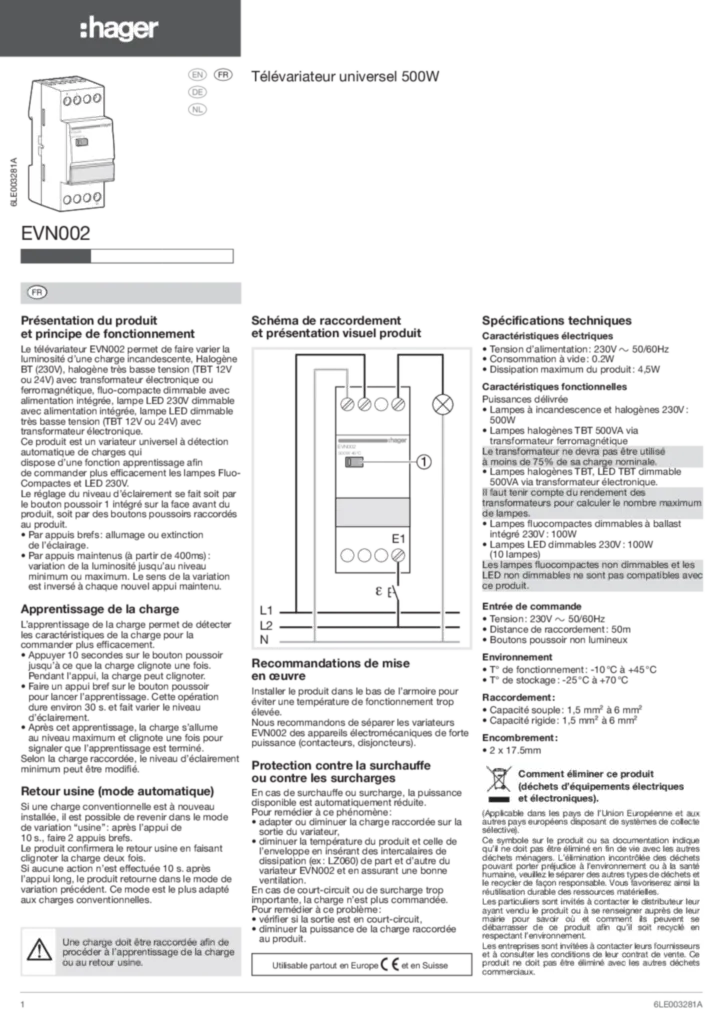 Bild Installationsanleitung für EVN002 - Ferndimmer Universal 500W LED/ESL (DE-EN-FR-NL, Stand: 06.2017) | Hager Schweiz