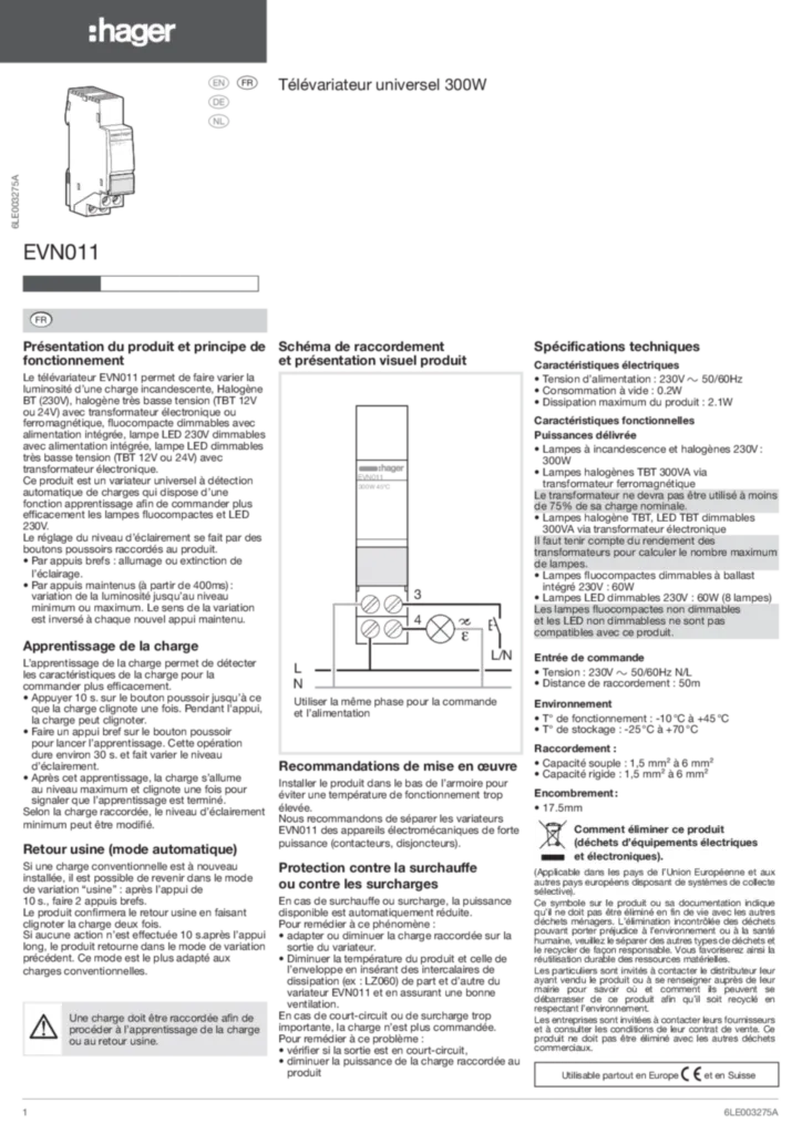 Bild Installationsanleitung für EVN011 - Ferndimmer Universal 300W LED/ESL (DE-EN-FR-NL, Stand: 09.2017) | Hager Schweiz