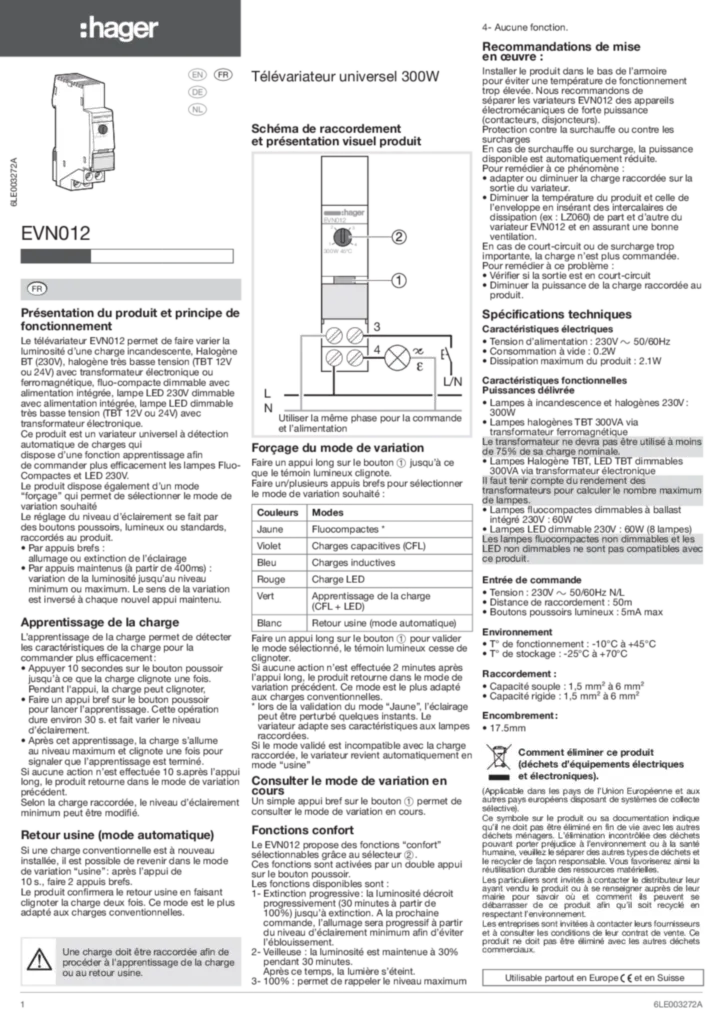 Bild Installationsanleitung für EVN012 - Ferndimmer 300W Universal Komfort, LED/ESL (DE-EN-FR-NL, Stand: 06.2017) | Hager Schweiz