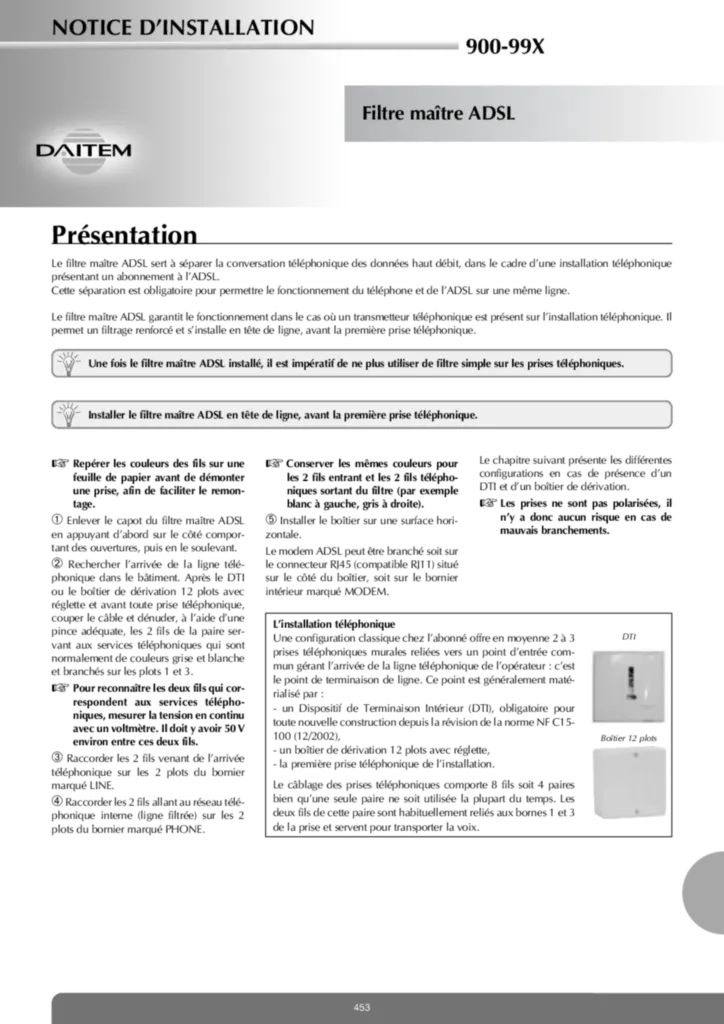 Image Notice instal Filtre Maitre ADSL Daitem 900-99X | Hager France