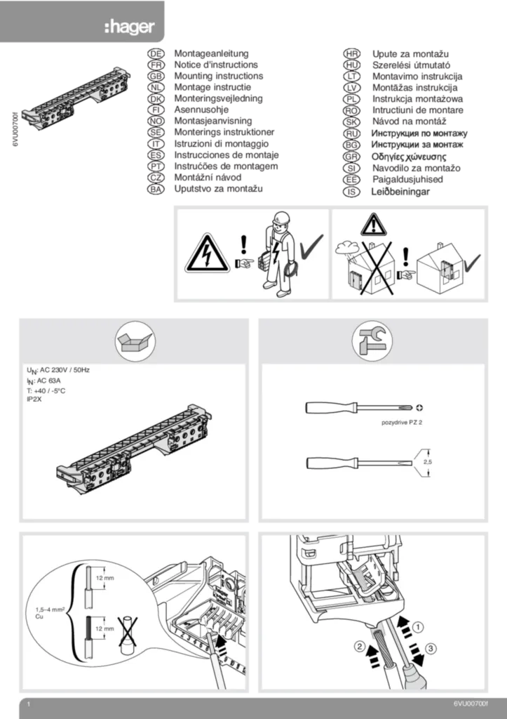 Bild Montageanleitung für FWxx, FZxx, KNxx, UZxx, VAxx, VExx, VHxx, VUxx, VZxx, ZBxx, ZExx, ZHxx, ZKxx, ZLxx, ZSxx, ZUxx, ZZxx - Feldverteiler, Träger, Quick-Connectklemmen, Schränke, Einbausätze, Verteilerfelder, Umrüstpakete (Stand: 09.2009) | Hager Deutschland