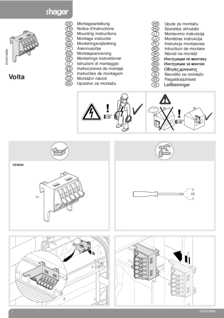 Bild Montageanleitung für VH601PLH, VU601PLH, VZ455N - Volta.Hybrid, Zubehör (Stand: 09.2009) | Hager Deutschland