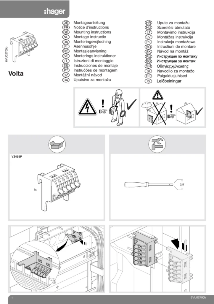 Bild Montageanleitung für VZ455P - Klemmen, Volta, QuickConnect-Terminal, 1 Satz=10 Stück, für FI-Terminal (Stand: 09.2009) | Hager Deutschland