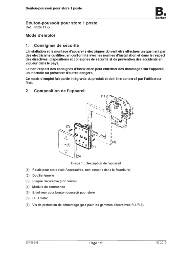 Image Notice d'instruction pour 852411xx - Bouton-poussoir pour store  (FR, 2015-09) | Hager Belgique