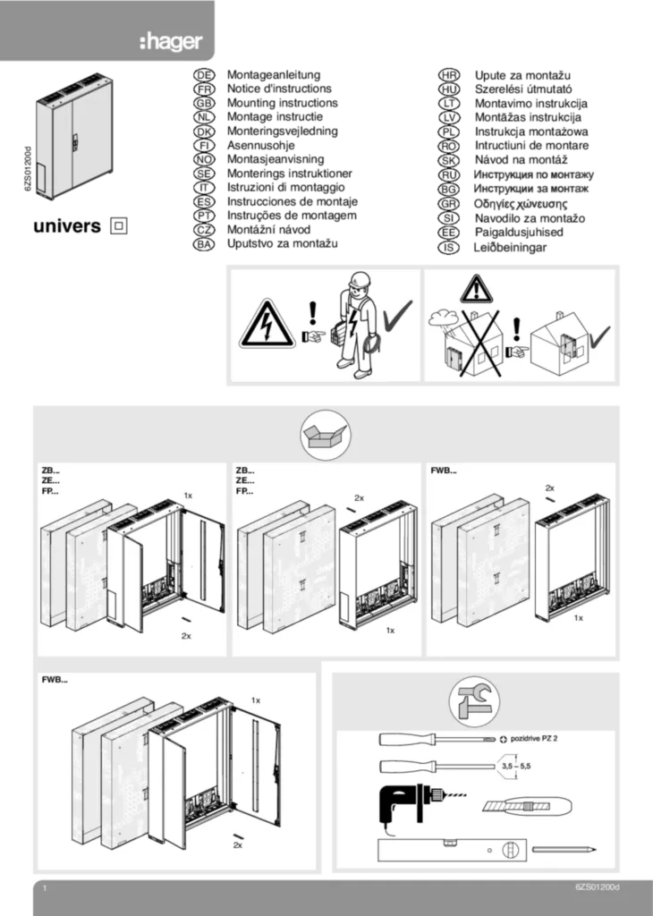 Bild Montageanleitung für FPxx, FWxx, ZAxx, ZSxx - Schränke, Feldverteiler, Leergehäuse, Zubehör (Stand: 04.2010) | Hager Deutschland