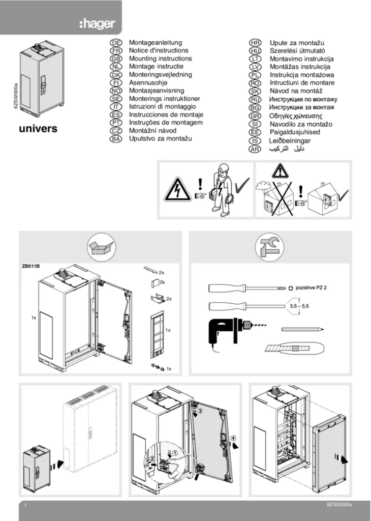 Bild Montageanleitung für ZB011B - Anschlussschrank, univers Z, 500x300x205 mm, IP44, seitlich für Sammelschienen 40 mm (Stand: 10.2010) | Hager Deutschland