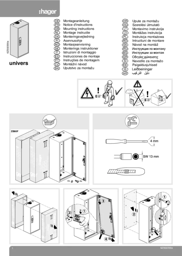 Bild Montageanleitung für ZB80F - Hausanschlussschr., univ.Z, 650x300x205 mm, z. Aufstülpen, f.HAK-NH00 nach DIN 43627 (Stand: 02.2011) | Hager Deutschland