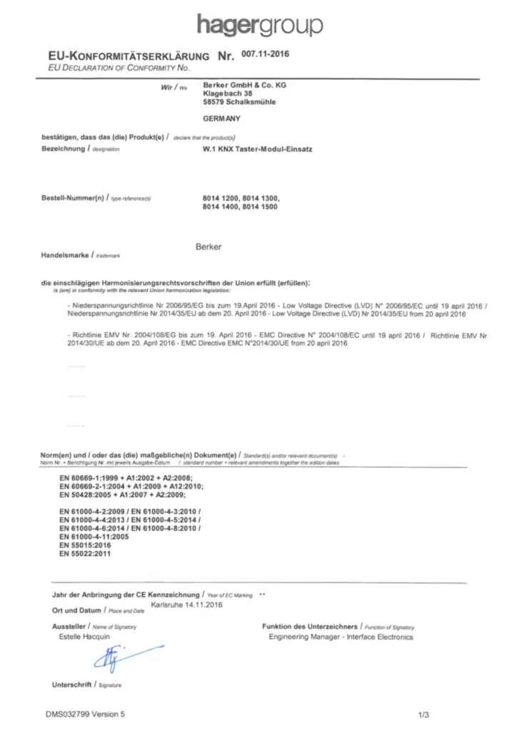 Bild Zertifikat für 80141200 - W.1 Taster/Gruppentaster Busankoppler (Stand: 11.2016) | Hager Deutschland