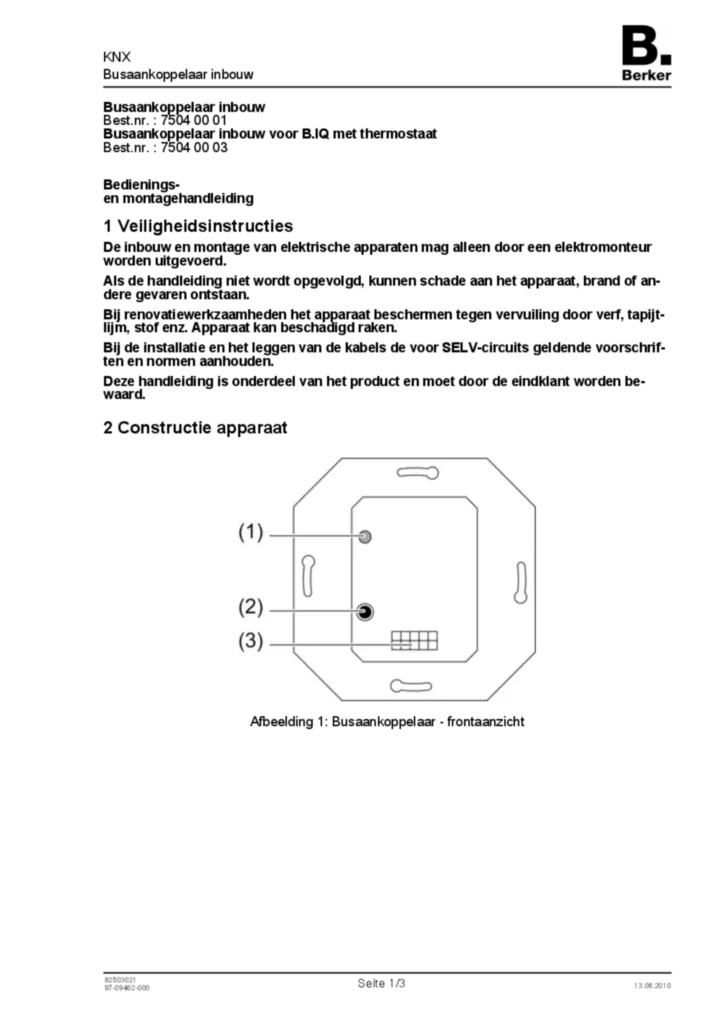 Image Notice d'instruction pour 75040001-75040003 - Coupleur de bus encastré (NL, 2010-08) | Hager Belgique