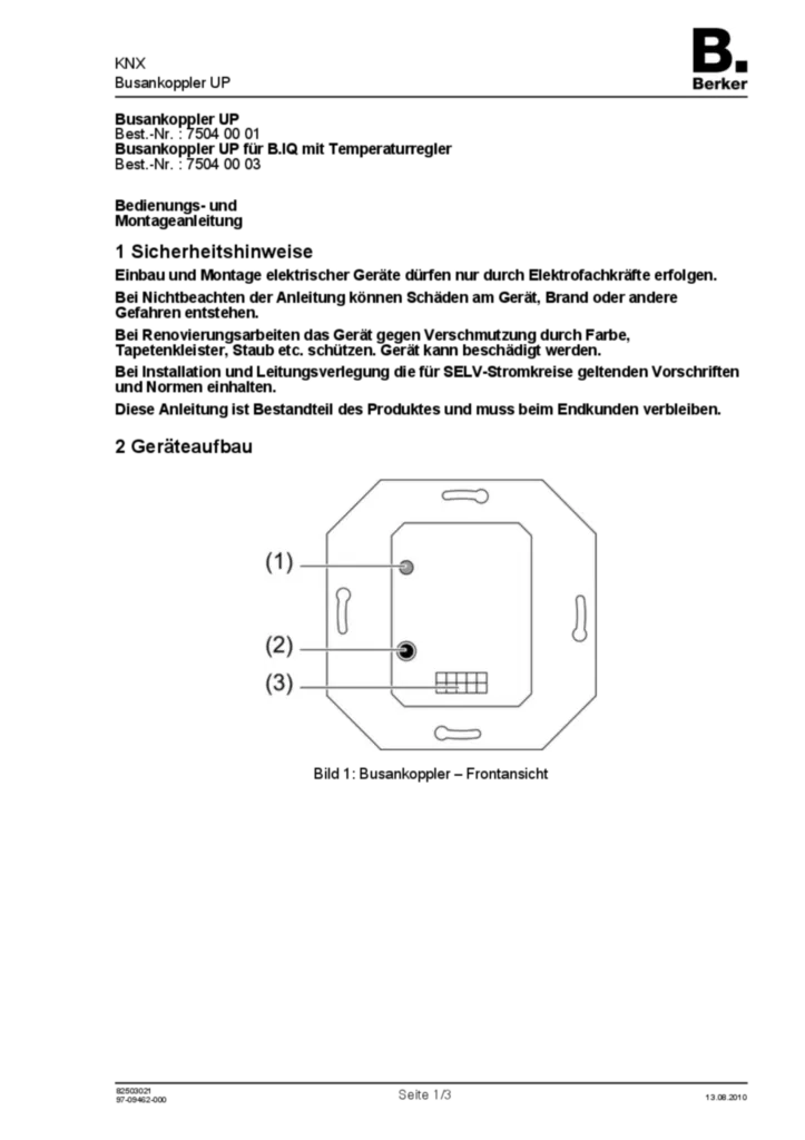 Bild Bedienungs- und Montageanleitung für 75040001, 75040003 - Busankoppler UP (DE, Stand: 08.2010) | Hager Deutschland