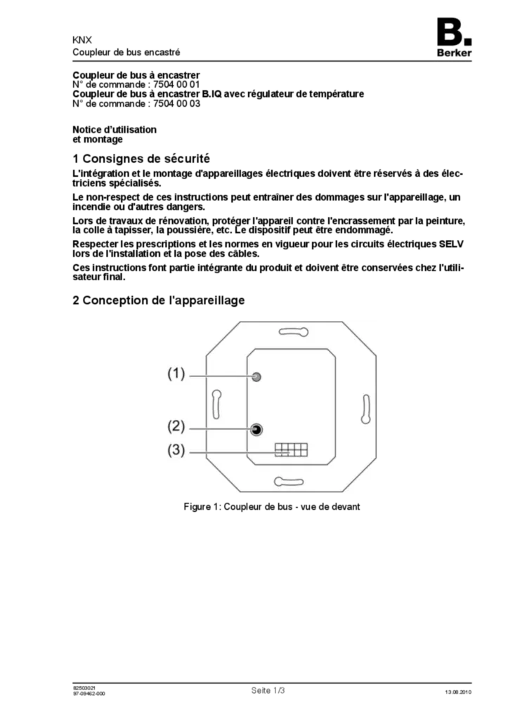 Image Notice d'instruction pour 75040001-75040003 - Coupleur de bus encastré (FR, 2010-08) | Hager Belgique