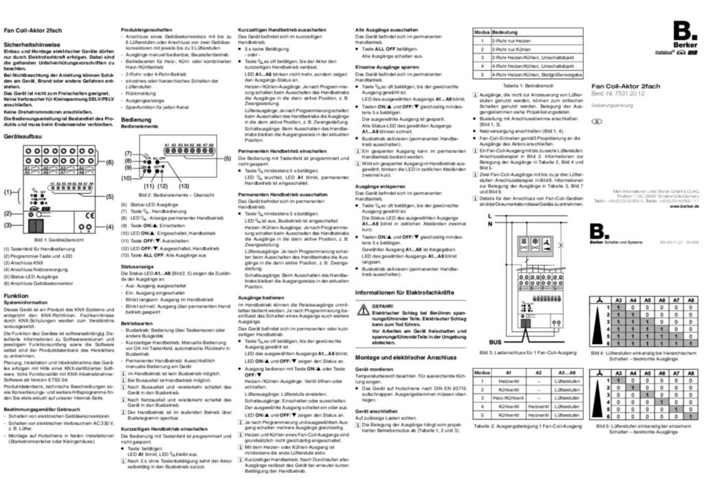 Bild Bedienungs- und Montageanleitung für 75312012 - Fan-Coil-Aktor 2fach REG (DE, Stand: 03.2008) | Hager Deutschland