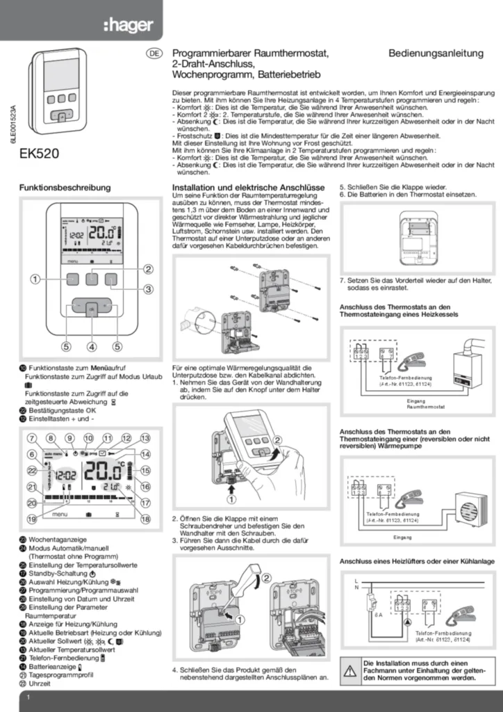 Bild Bedienungsanleitung für EK520 - Clock thermostat 2 wires 7 Days (DE, Stand: 09.2015) | Hager Deutschland