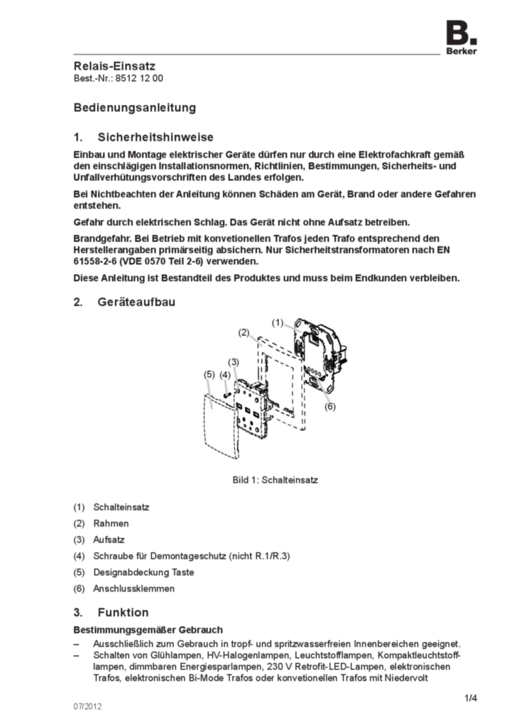 Bild Bedienungs- und Montageanleitung für 85121200 - Relais-Einsatz (DE, Stand: 07.2012) | Hager Deutschland